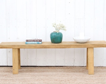 Reclaimed Elm Wood Bench: Rustic Farmhouse Thick Top Table (69.5")