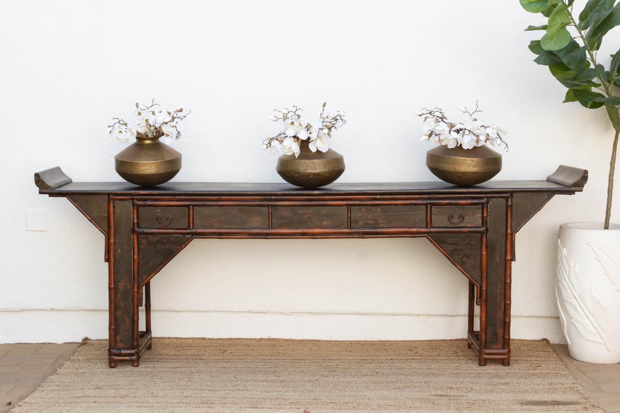 Antique Bamboo Long Chinoiserie Console Table Grand Handcrafted Antique Console Carved Wooden Altar Table long Antique Asian Console Table Etsy