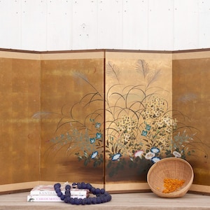 Golden Garden, Antique Japanese Screen,Japanese folding Byobu Screen,Antique Golden Japanese Folding Screen,Japanese Folding Screen Painting