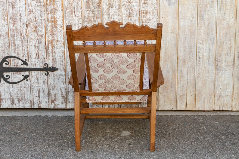 Antique Teak Plantation Chair with block print linen upholstery, Indian Plantation Lounge Chair, Antique Club Chair, Antique Colonial chair image 5