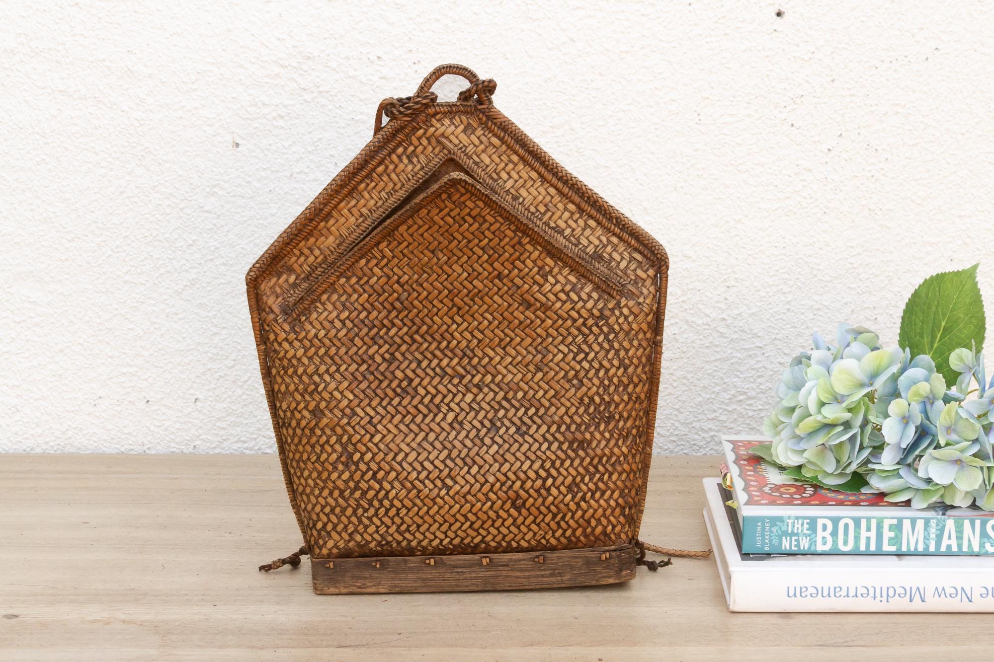 Antique Woven Rattan Backpack, Rustic Tribal Carrier 
