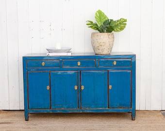 Blue Sapphire Painted Enfilade Buffet, Hand-Painted Buffet Cabinet, Distressed Blue Enfilade Buffet, Blue Wooden Sideboard, Painted Credenza