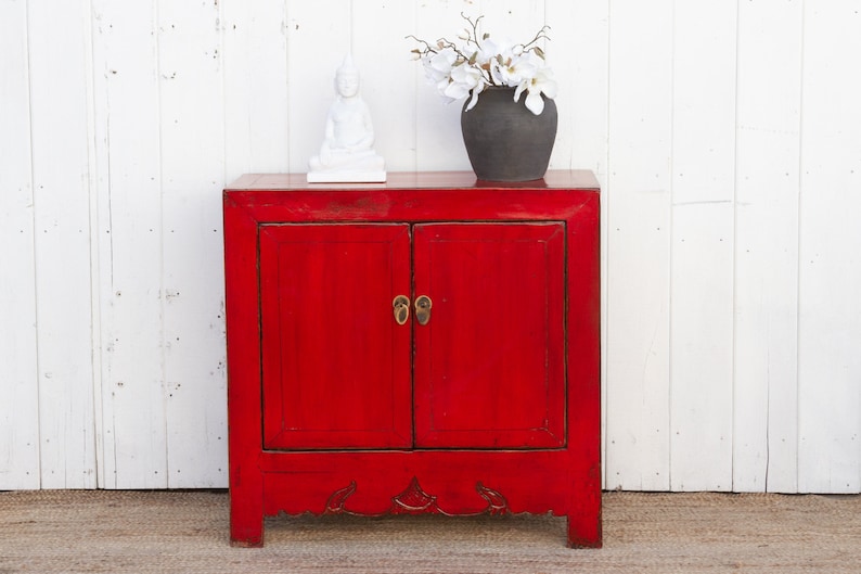 Two Door Ruby Red Chinese Cabinet, Traditional Chinese Cupboard,Red Lacquer Cabinet,Double Door Chinese Cabinet,Hand-painted Chinese Cabinet image 1