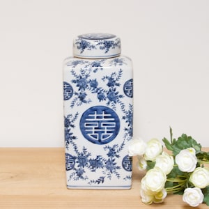 Tall Blue & White Floral Jar, Tall Slim Chinese Porcelain Jar, Blue and White Chinoiserie Pottery, Decorative Porcelain Jar, Ceramic Jar
