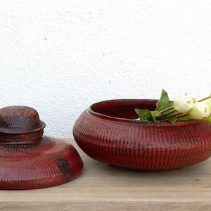 Burmese 3-Tier Red Lacquered Woven Basket, Red Bamboo Lidded Basket, Red Lacquered Bowl, Antique Bowl, Antique Ceremonial Offering Basket