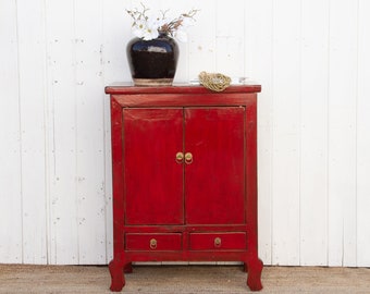 Tall Painted Red Ming Cabinet, Painted Chinese Cabinet, Red Lacquer Cabinet, Tall Wooden Storage, Classic Ming Design,Distressed Red Cabinet