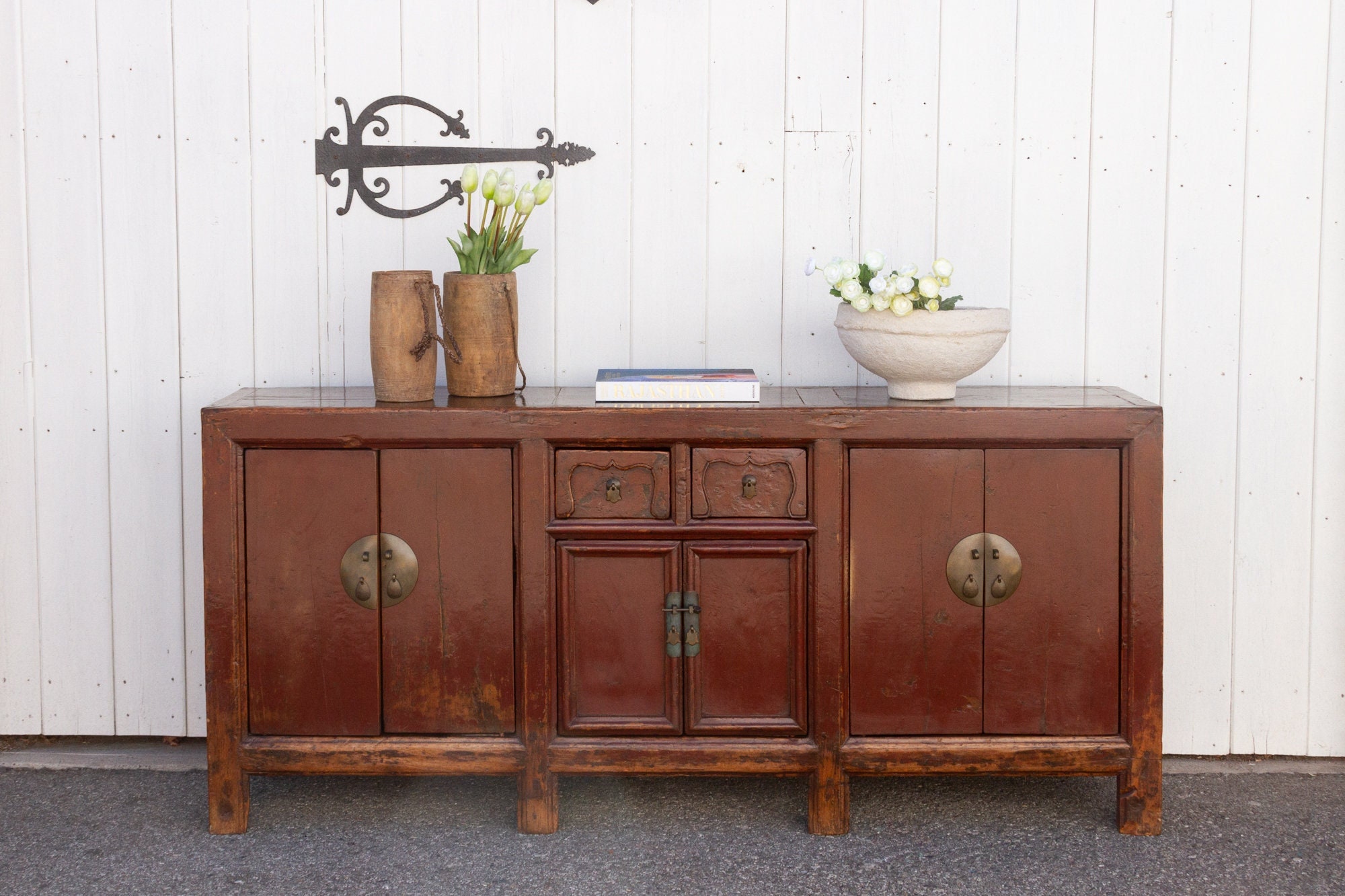 Antique Red Painted Chinese Sideboard Long Asian Credenza Cabinet