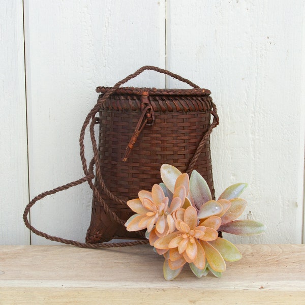 Vintage Asian Dark Brown Basket,Vintage RusticTribal Basket,Rattan Thai Pouch Basket,Rice basket,Tribal tea harvestbasket,wovenbasket,basket