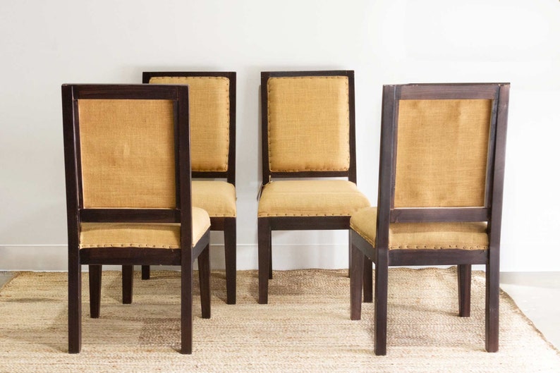 Set of Four Burlap Brown Dining Chairs, Vintage Dining Chair Set, Burlap Upholstered Chairs, Set of 4 Dining Chairs, Rustic Dining Chairs image 3