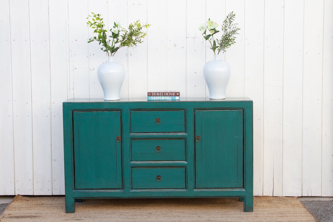 Asian Arabian Green Sideboard Buffet, Teal Asian Sideboard,teal Lacquer Buffet