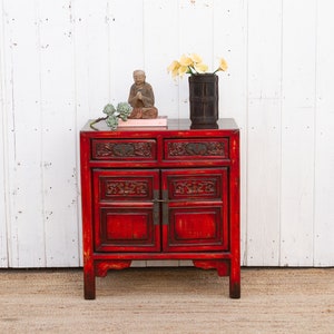 Qing Dynasty Style Carved Cabinet, Vintage Red Asian Cabinet, Small Bedside Cabinet, Traditional Chinese Cabinet, Red Painted Nightstand
