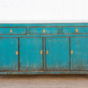 Antique Painted Sapphire Credenza, Distressed Aqua Blue Sideboard, Farmhouse Style Buffet Sideboard, Shabby Chic Aqua Blue Storage Cabinet image 2