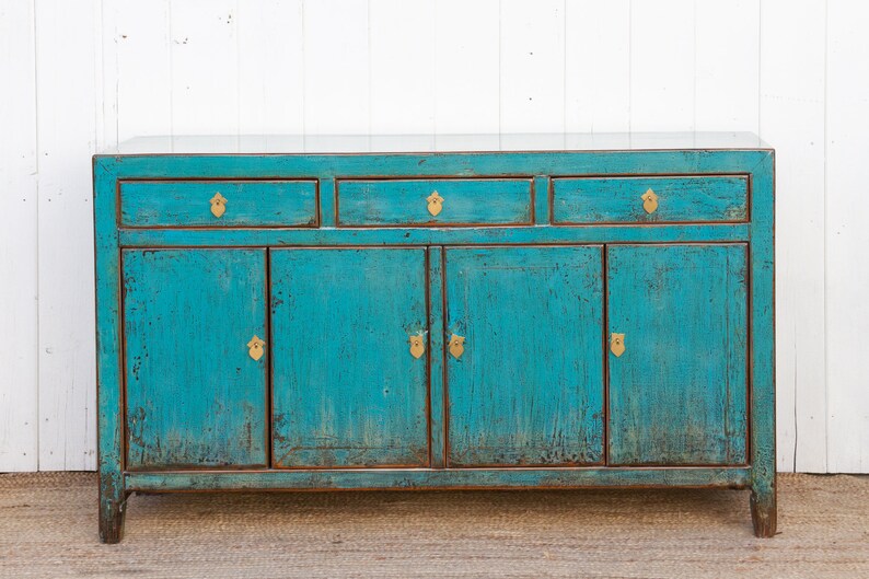 Antique Painted Sapphire Credenza, Distressed Aqua Blue Sideboard, Farmhouse Style Buffet Sideboard, Shabby Chic Aqua Blue Storage Cabinet image 2