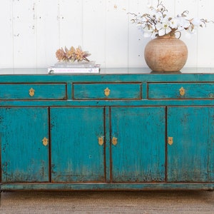 Antique Painted Sapphire Credenza, Distressed Aqua Blue Sideboard, Farmhouse Style Buffet Sideboard, Shabby Chic Aqua Blue Storage Cabinet image 8