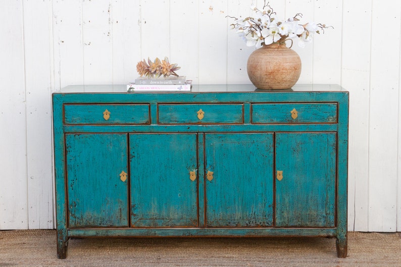 Antique Painted Sapphire Credenza, Distressed Aqua Blue Sideboard, Farmhouse Style Buffet Sideboard, Shabby Chic Aqua Blue Storage Cabinet image 8