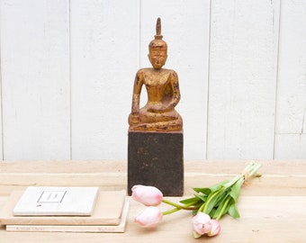 Antique Royal Gilded Buddha, Thai Temple Buddha, Wooden Carved Buddha on Stand, Mara Vijayaa Buddha,Buddha on Pedestal Base,Aged Thai Buddha