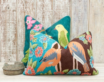 Pillows on sale, Tropical Bird Moroccan Wool Embroidered Throw Pillow Cover, green parrot Pillow Cover, Indian Colorful Pillow cover