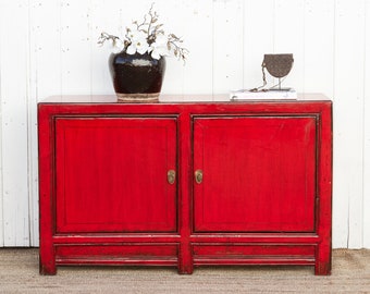 Radiant Red Asian Buffet Cabinet, Red Lacquer Buffet Cabinet, Red Finish Buffet Server, Vibrant Asian Sideboard, Red Chinese Buffet Cabinet