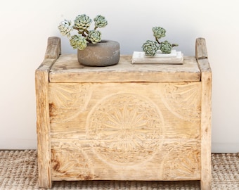 Antique Bleached Wood Carved Storage Trunk: Rustic Floral Chest