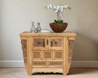 Finely Carved Asian Money Chest, Antique Chinese Dresser, Bleached Wood Dresser, Carved Asian cabinet with w drawers , Ming antique chest