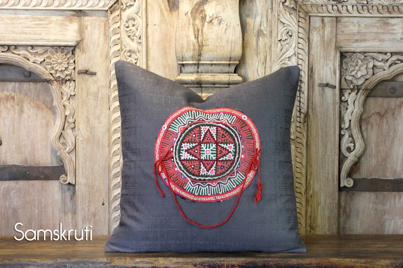 Charcoal Linen RabariPillow,Hand Embroidered Pillow,Patchwork Indian pillowVintage Boho Pillow,Handmade Pillow,Moroccan Pillow,living pillow