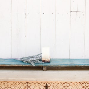 Mid-Century Ceremonial Low Bajot Altar, Blue Long Indian Table Tray, Vintage Farmhouse Bajot Tray, Indian Boho Bajot Table,Rustic Tray Table
