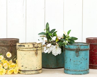 Antique Metal Grain Container, Painted Metal Drum,Metal Drum Container,Metal Drum Container,Rustic Metal Drum Container,Antique Metal Bucket