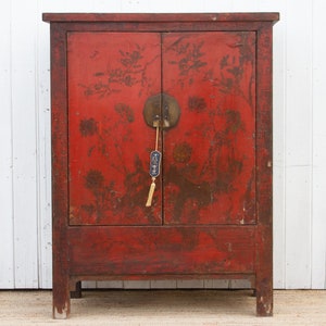 Antique Painted Chinoiserie Armoire Cabinet, Hand-Painted Armoire, Antique Wardrobe, Distressed Armoire, Traditional Asian Storage Armoire image 1