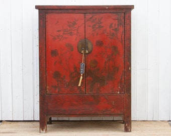 Antique Painted Chinoiserie Armoire Cabinet, Hand-Painted Armoire, Antique Wardrobe, Distressed  Armoire, Traditional Asian Storage Armoire