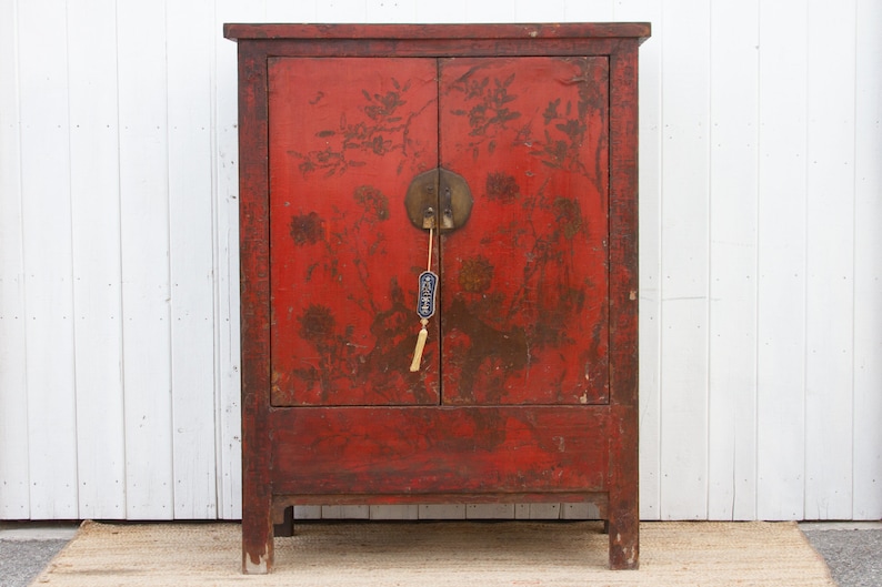 Antique Painted Chinoiserie Armoire Cabinet, Hand-Painted Armoire, Antique Wardrobe, Distressed Armoire, Traditional Asian Storage Armoire image 1