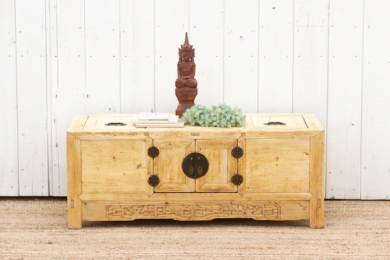Antique Bleached Cedar Wood Chinese Chest: Carved Rustic Trunk