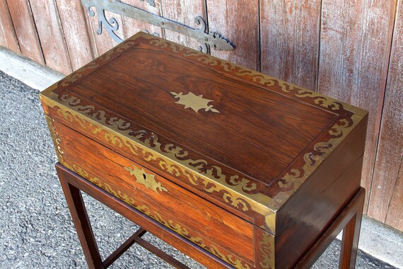 Antique English Lap Desk In Rosewood Portable On Stand Writing Chest