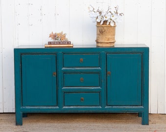 Lacquered Pacific Blue Three Drawer Credenza, Chinese Lacquered Buffet, Three Drawer Credenza, Lacquered Wood Sideboard, Luxury Blue Buffet