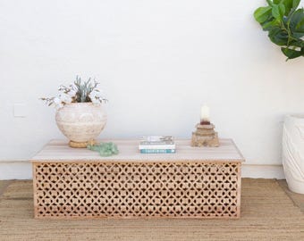 Bleached Reclaimed Wood Coffee Table: Large Floral Jali Carved Indian Table