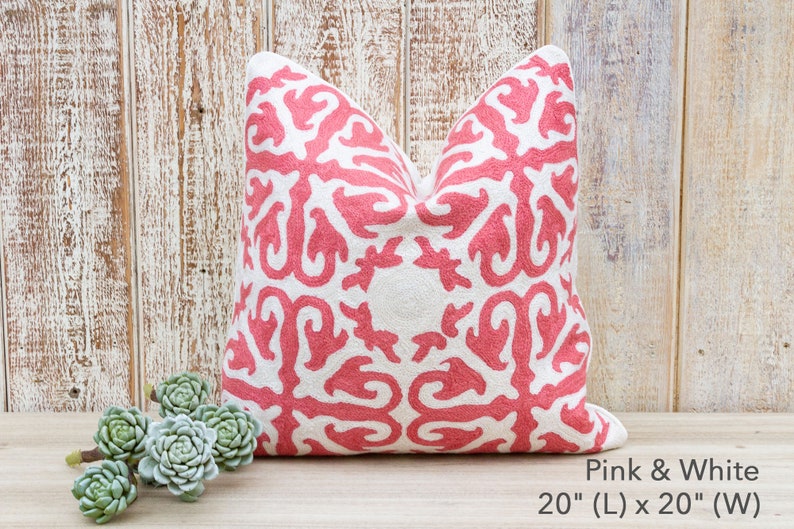 Moroccan Wool Embroidered Throw Pillow Cover,Indian Pillow Sham,Kashmiri Pillow,Moroccan Pillow,Crewel Stitched Pillow,Moorish Pillow Cover Pink