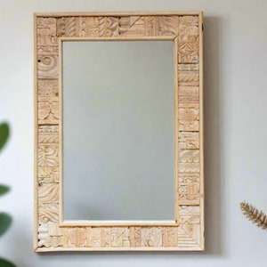 Tribal Motif Carved Mirror, Hand-carved Rustic Mirror, Vintage Indian Window Mirror, Farmhouse Teak Frame Mirror, Vintage Indian Mirror