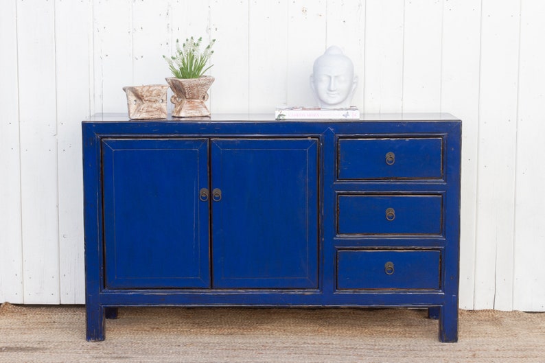 Royal Blue Lacquered Asian Credenza, Blue Chinese Sideboard, Lacquered Royal Blue Chinese Cabinet, Asian Credenza, Reclaimed Asian Furniture image 1