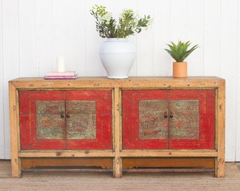 Old World Antique Painted Sideboard,Rustic Wooden Credenza,Hand-Painted Antique Server,Shabby Chic Dining Buffet,Distressed Wooden Sideboard