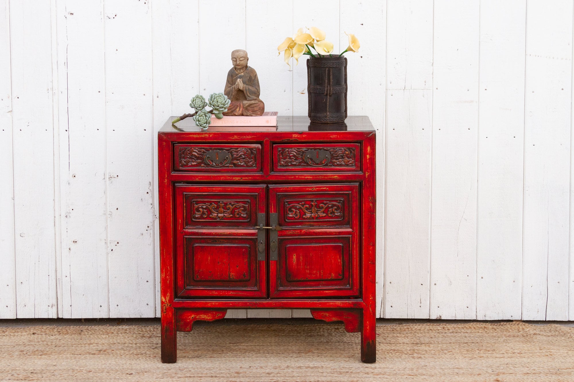Red Asian Cabinet: Qing Dynasty Style Carved Wood Nightstand