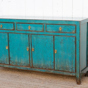 Antique Painted Sapphire Credenza, Distressed Aqua Blue Sideboard, Farmhouse Style Buffet Sideboard, Shabby Chic Aqua Blue Storage Cabinet image 5
