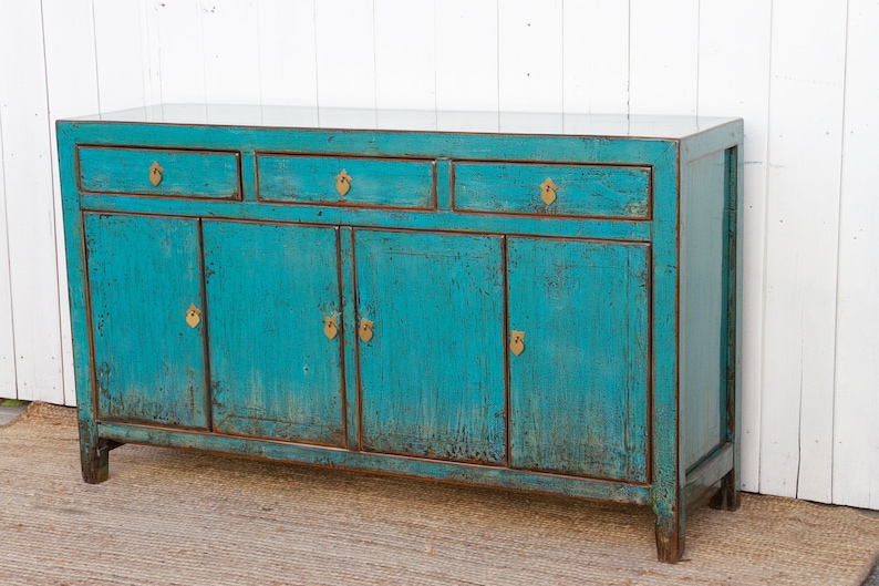 Antique Painted Sapphire Credenza, Distressed Aqua Blue Sideboard, Farmhouse Style Buffet Sideboard, Shabby Chic Aqua Blue Storage Cabinet image 5