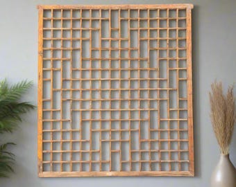 Antique Hand Carved Fretwork Screen – Rustic Wooden Wall Panel