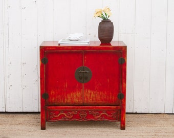 Small Asian Painted Cabinet, Asian Red Buffet Cabinet, Lacquered Red Buffet Cabinet, Red Dragon Carved Cabinet, Traditional Asian Cupboard