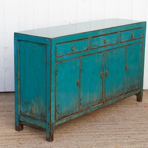 Antique Painted Sapphire Credenza, Distressed Aqua Blue Sideboard, Farmhouse Style Buffet Sideboard, Shabby Chic Aqua Blue Storage Cabinet image 7