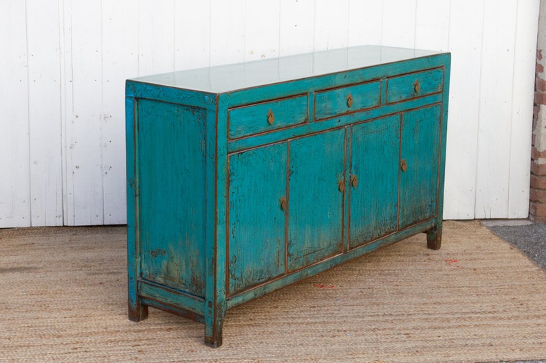 Antique Painted Sapphire Credenza, Distressed Aqua Blue Sideboard, Farmhouse Style Buffet Sideboard, Shabby Chic Aqua Blue Storage Cabinet image 7