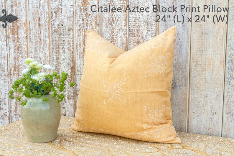 Lemon Chiffon Aztec Block Print Pillow cover,Block Print Decorative Linen Pillow Covers,Light Yellow linen Pillow,Yellow linenPillow,Cushion image 3