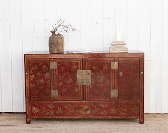 Red & Gold Chinoiserie Sideboard,Vintage Red and Gilt Sideboard,Elegant Chinoiserie Dining Storage, Vintage Chinoiserie Buffet,Buffet Server