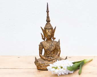 Antique Gilded Thai Buddha Figure: Temple Sculpture Sacred Art