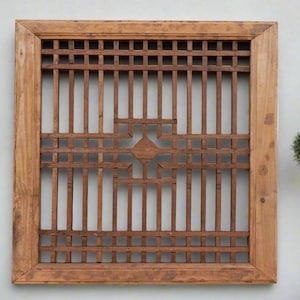 Antique Asian Oxidized Wooden Window, Antique Weathered Star Lattice Panel, Antique Folk Painted Window Panel, Asian Oxidized Antique Window