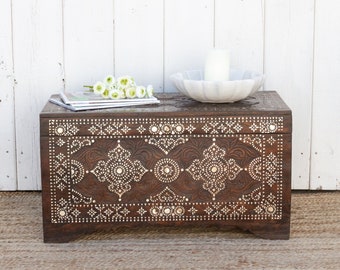 Finely Carved Mother of Pearl Chest, Moroccan Mother of Pearl Trunk, Walnut Inlay Chest, Moorish Mother of Pearl Trunk, Walnut Inlay Trunk